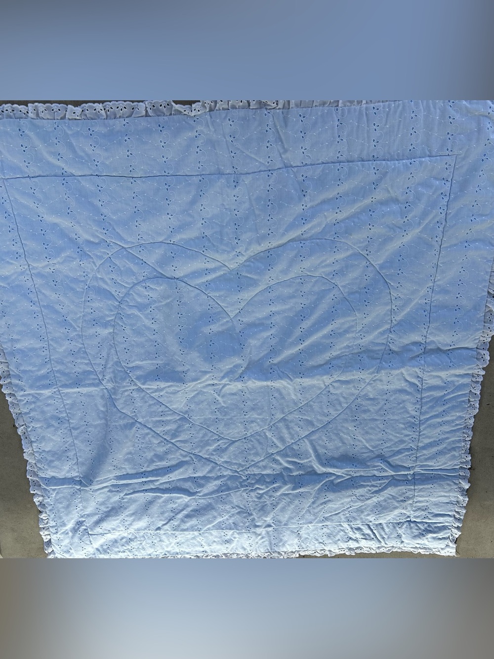 White Eyelet baby blanket white with blue undertone and heart design